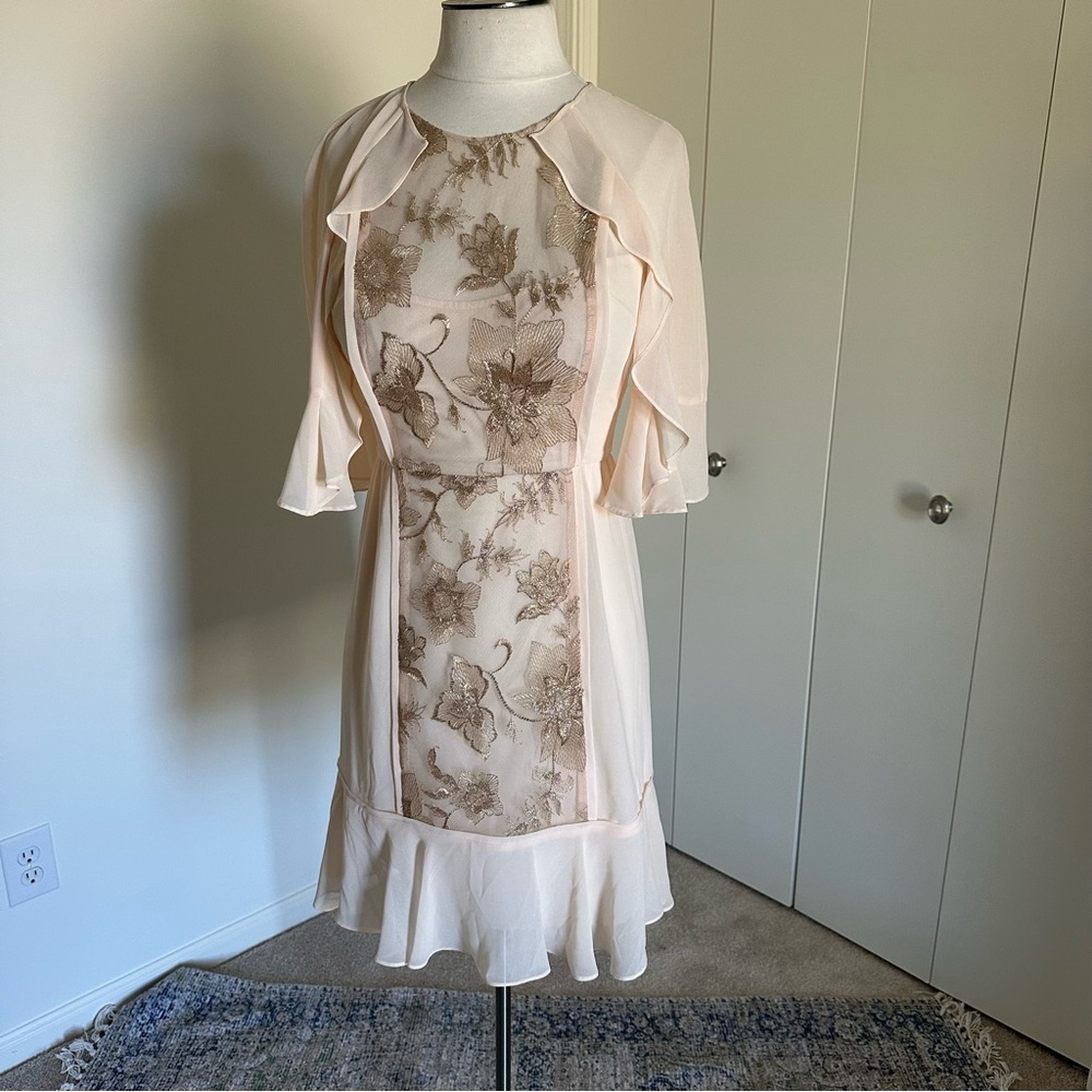 BCBG Gold Embroidery Cream Floral Dress